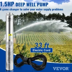 VEVOR Deep Well Submersible Pump, 1.5HP 230V/60Hz, 37gpm 276ft Head, with 33ft Electric Cord, 4