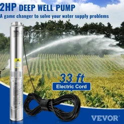 VEVOR Deep Well Submersible Pump, 2HP/1500W 230V/60Hz, 37GPM Flow 427 ft Head, with 33 ft Electric Cord, 4 inch Stainless Steel Water Pumps for Industrial, Irrigation & Home Use, IP68 Waterproof Grade