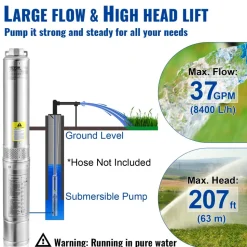 VEVOR Deep Well Submersible Pump, 1HP 115V/60Hz, 37gpm Flow 207ft Head, with 33ft Electric Cord, 4" Stainless Steel Water Pump for Industrial, Irrigation&Home Use, IP68 Waterproof Grade