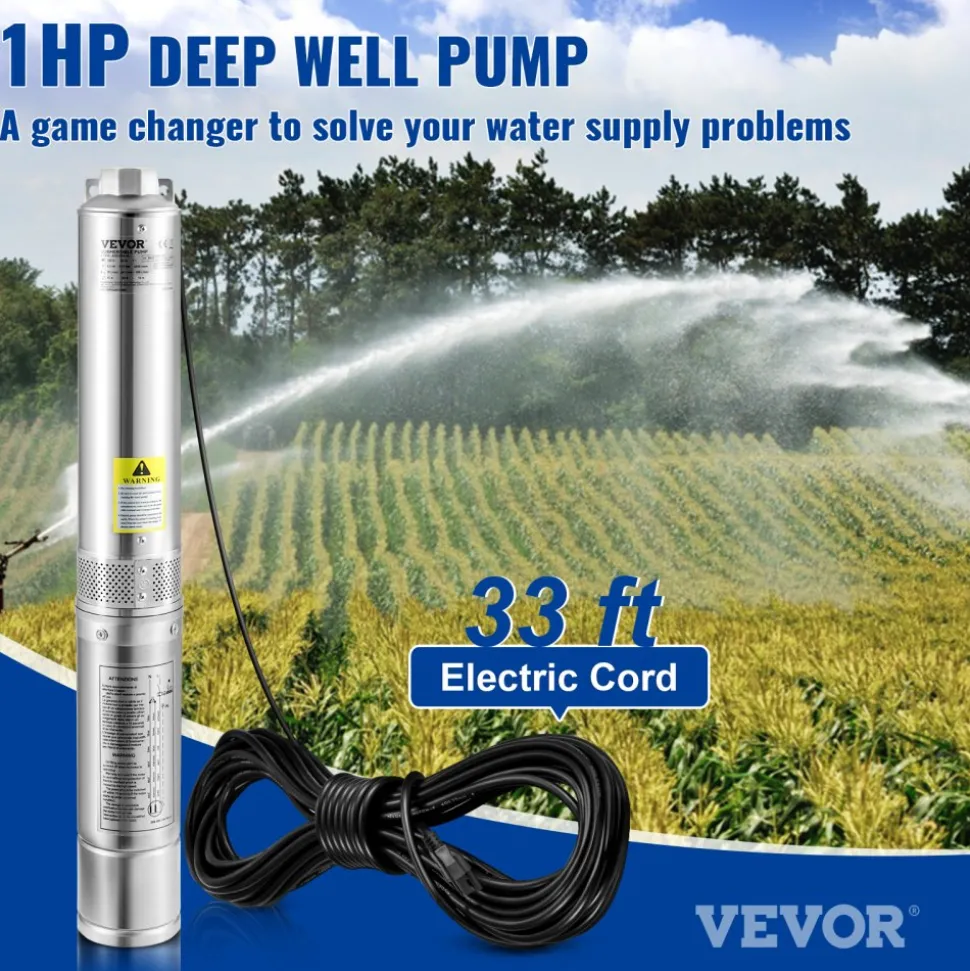 VEVOR Deep Well Submersible Pump, 1HP 115V/60Hz, 37gpm Flow 207ft Head, with 33ft Electric Cord, 4" Stainless Steel Water Pump for Industrial, Irrigation&Home Use, IP68 Waterproof Grade