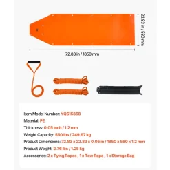 VEVOR Deer Drag Sled, 72.8 x 22.8 in, 550lbs Heavy Duty Yard Utility Sled, Tear-Resistant PE Drag Glider Mat with Ropes & Handle, Thickened Game Hauler for Firewood Ice Fishing Hauling Hunting
