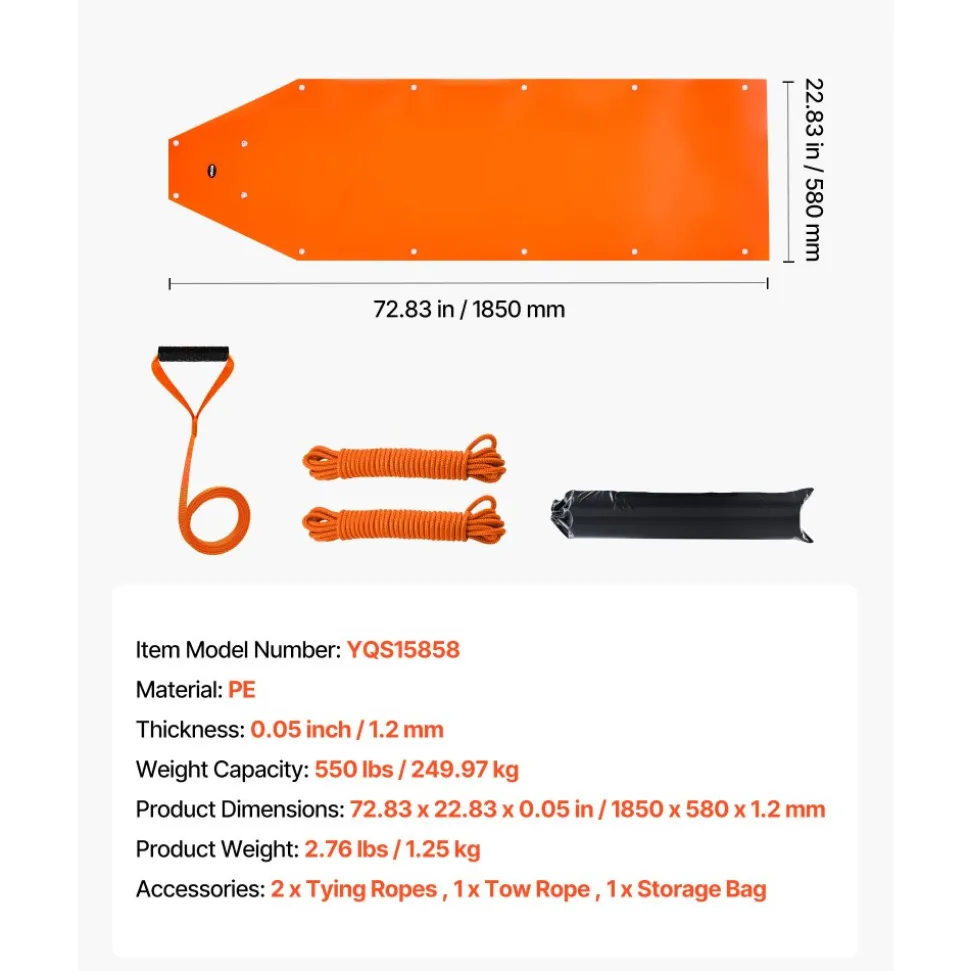 VEVOR Deer Drag Sled, 72.8 x 22.8 in, 550lbs Heavy Duty Yard Utility Sled, Tear-Resistant PE Drag Glider Mat with Ropes & Handle, Thickened Game Hauler for Firewood Ice Fishing Hauling Hunting