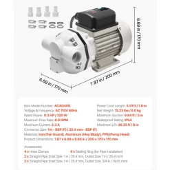 VEVOR DEF Transfer Pump, 8 GPM, Diaphragm Irrigation Self Priming Electric Water Pump for Diesel Exhaust Fluid Automotive Urea Oil, 110V, 220W, 26.25 ft Lift, for Liquid Transportation Refueling