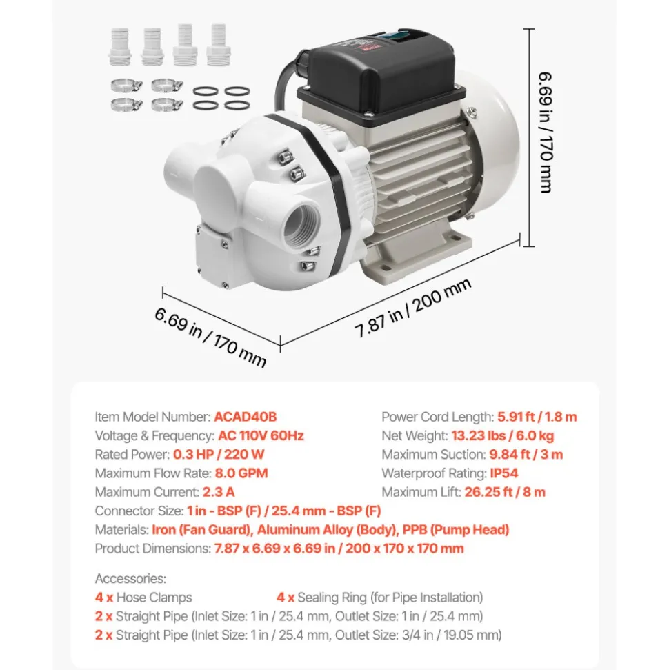 VEVOR DEF Transfer Pump, 8 GPM, Diaphragm Irrigation Self Priming Electric Water Pump for Diesel Exhaust Fluid Automotive Urea Oil, 110V, 220W, 26.25 ft Lift, for Liquid Transportation Refueling