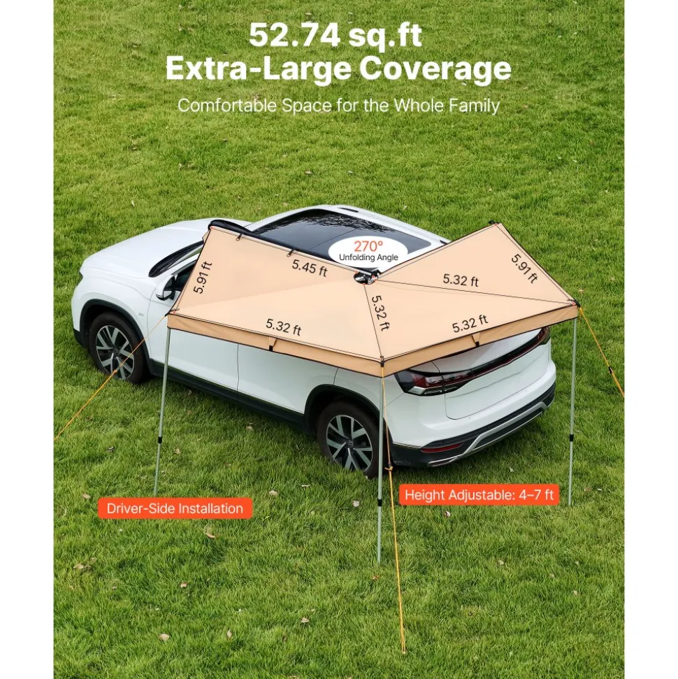 VEVOR 270 Degree Awning, 52 sq.ft Driver Side Vehicle Awning, Waterproof UV50+ Car Side Awnings with Carry Bag, All-Weather Free-Standing Overland Awnings Car Shelter for SUV Van Truck Camping