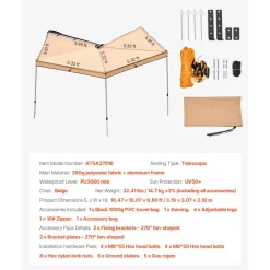 VEVOR 270 Degree Awning, 52 sq.ft Driver Side Vehicle Awning, Waterproof UV50+ Car Side Awnings with Carry Bag, All-Weather Free-Standing Overland Awnings Car Shelter for SUV Van Truck Camping