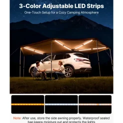 VEVOR 270 Degree Awning with Bulit-in LED Lights, 117 sq.ft Driver Side Vehicle Awning, Waterproof UV50+ Car Side Awnings, All-Weather Free-Standing Overland Awnings Car Shelter for SUV Truck Camping