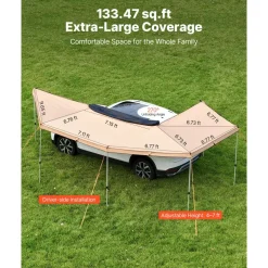 VEVOR 270 Degree Awning with Bulit-in LED Lights, 117 sq.ft Driver Side Vehicle Awning, Waterproof UV50+ Car Side Awnings, All-Weather Free-Standing Overland Awnings Car Shelter for SUV Truck Camping