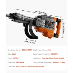 VEVOR Demolition Jack Hammer, 2100W Electric Jackhammer Heavy Duty, 1650 BPM Industrial-Grade Jack Hammer Concrete Breaker, with 1 Point Chisel, 1 Flat Chisel, Gloves and Goggles