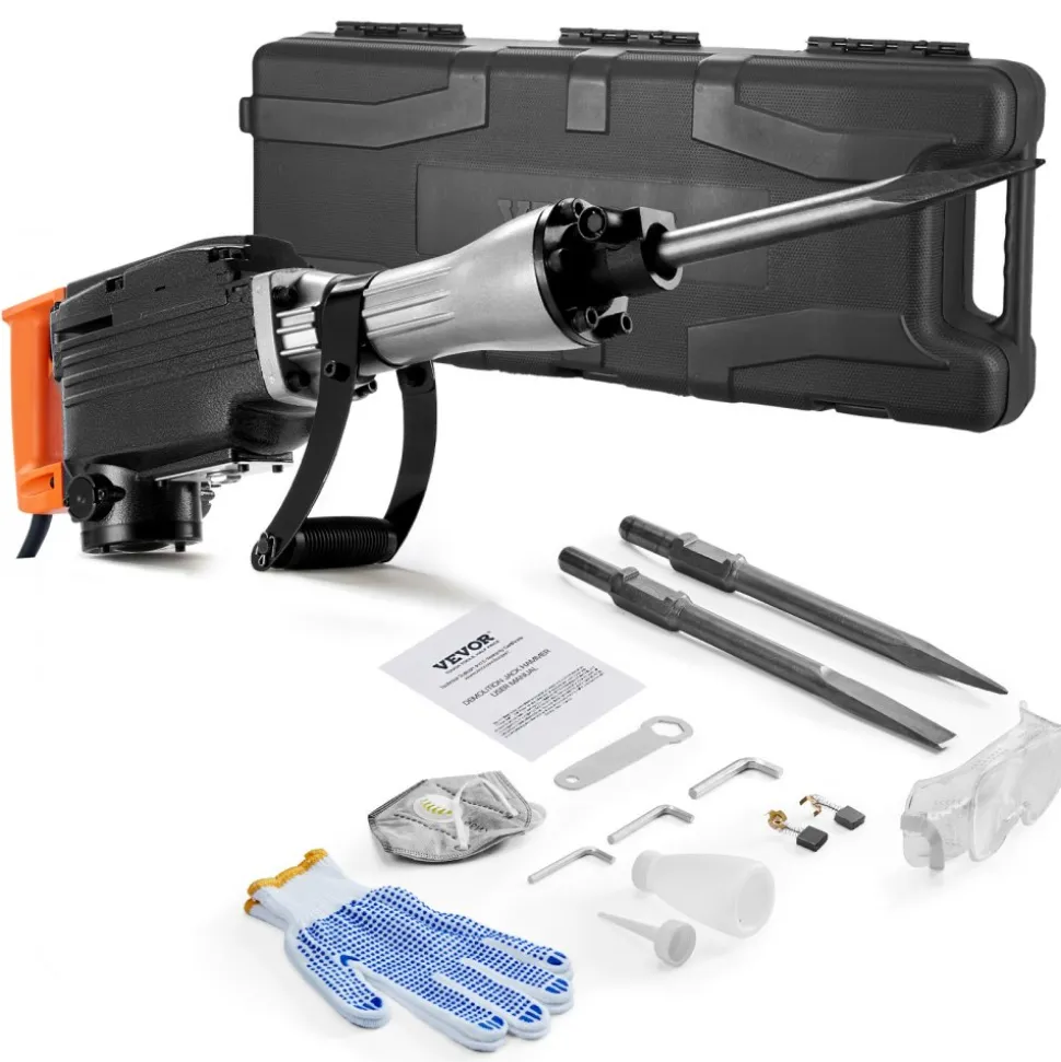 VEVOR Demolition Jack Hammer, 2200W Electric Jackhammer Heavy Duty, 1350 BPM Concrete Breaker, 2pcs Chisels Bit Chipping with Case, Black