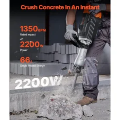 VEVOR Demolition Jack Hammer, 2200W Electric Jackhammer Heavy Duty, 1350 BPM Concrete Breaker, 2pcs Chisels Bit Chipping with Case, Black