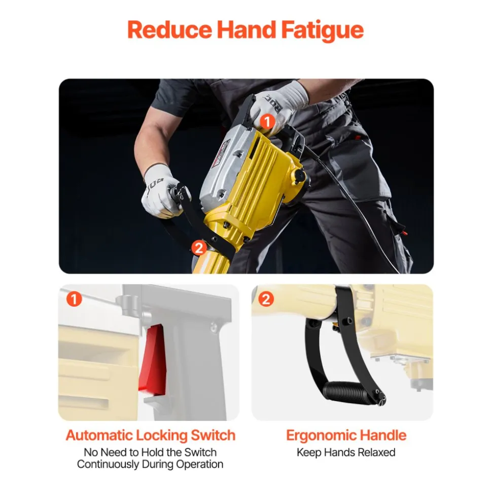 VEVOR Demolition Jack Hammer, 2200W 1350 BPM Jack Hammer Concrete Breaker, Heavy Duty Electric Jack Hammer 4pcs Chisels Bit with Gloves, 360° Swiveling Front Handle for Trenching and Breaking Holes