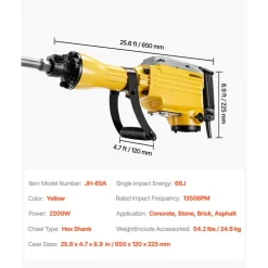 VEVOR Demolition Jack Hammer, 2200W 1350 BPM Jack Hammer Concrete Breaker, Heavy Duty Electric Jack Hammer 4pcs Chisels Bit with Gloves, 360° Swiveling Front Handle for Trenching and Breaking Holes