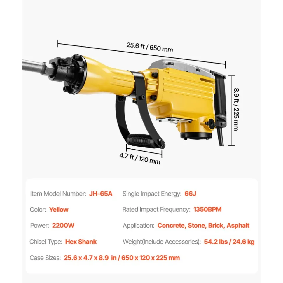 VEVOR Demolition Jack Hammer, 2200W 1350 BPM Jack Hammer Concrete Breaker, Heavy Duty Electric Jack Hammer 4pcs Chisels Bit with Gloves, 360° Swiveling Front Handle for Trenching and Breaking Holes