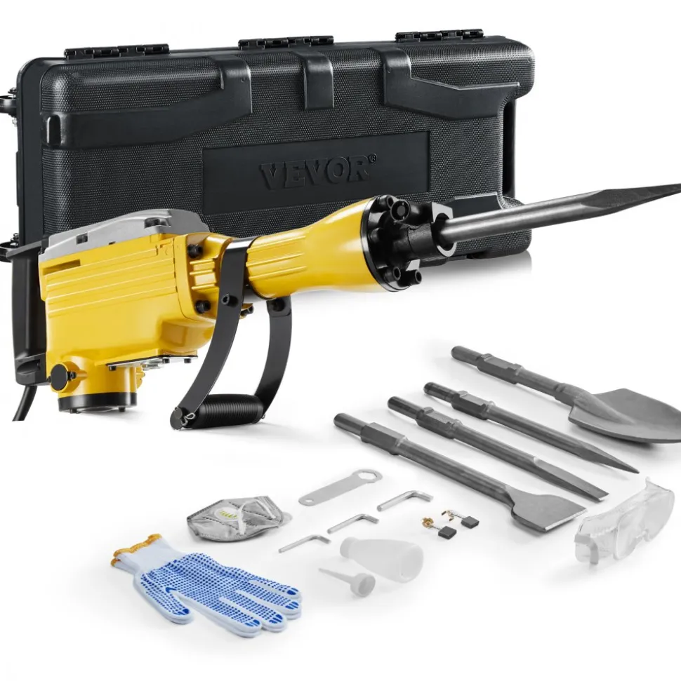 VEVOR Demolition Jack Hammer, 2200W 1350 BPM Jack Hammer Concrete Breaker, Heavy Duty Electric Jack Hammer 4pcs Chisels Bit with Gloves, 360° Swiveling Front Handle for Trenching and Breaking Holes