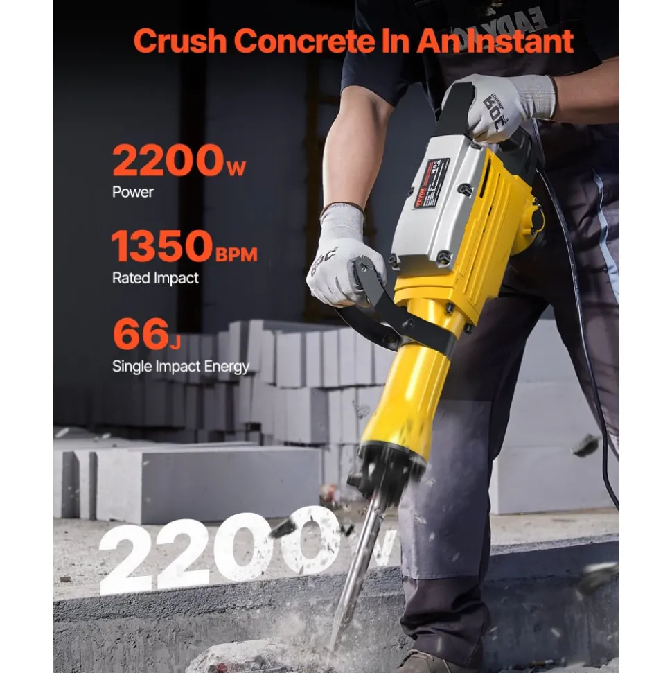 VEVOR Demolition Jack Hammer, 2200W 1350 BPM Jack Hammer Concrete Breaker, Heavy Duty Electric Jack Hammer 4pcs Chisels Bit with Gloves, 360° Swiveling Front Handle for Trenching and Breaking Holes