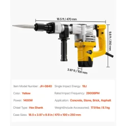 VEVOR Demolition Jack Hammer, 1400W Electric Jackhammer Heavy Duty, 2900 BPM Concrete Breaker, 2pcs Chisels Bits Chipping with Case, Gloves