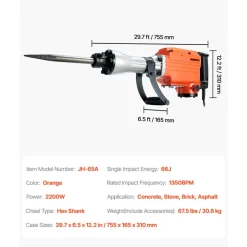 VEVOR Demolition Jack Hammer, 2200W Electric Jackhammer Heavy Duty, 1440 BPM Concrete Breaker 6pcs Chisels Bit Chipping with Case