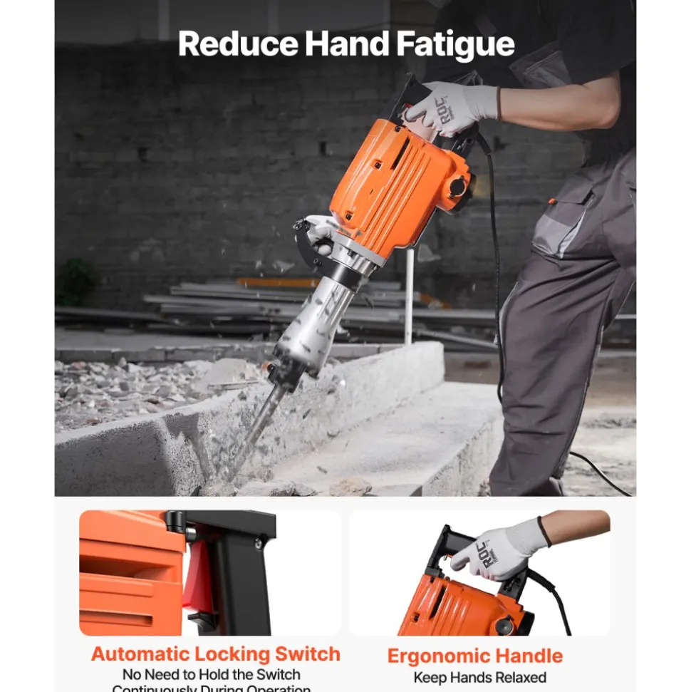 VEVOR Demolition Jack Hammer, 2100 W Powerful Electric Jackhammer, 1650 BPM Concrete Breaker with 2 Point Chisels, 2 Flat Chisels, Hand Trolley, Gloves, for Concrete, Wall, Brick, Tile and Foundation