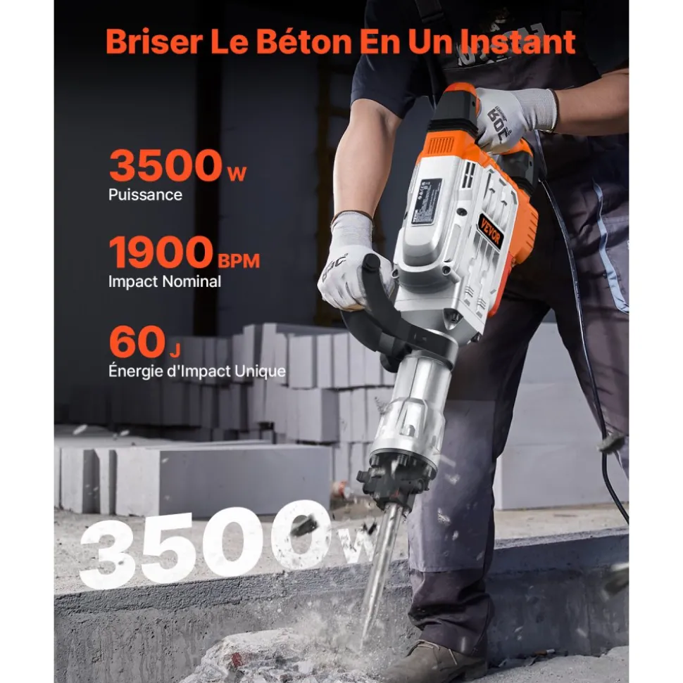 VEVOR Demolition Jack Hammer, 3500W Jack Hammer Concrete Breaker, 1900 BPM Heavy Duty Electric Jack Hammer, 2pcs Chisel with Gloves & 360° Swiveling Front Handle for Trenching and Breaking Holes