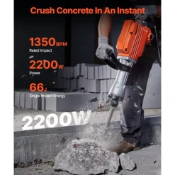 VEVOR Demolition Jack Hammer, 2200W Electric Jackhammer Heavy Duty, 1350 BPM Concrete Breaker, 2pcs Chisels Bit Chipping with Case