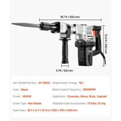 VEVOR Demolition Jack Hammer, 1400W Electric Jackhammer Heavy Duty, 2pcs Chisels Bits Chipping with Case, 2900 BPM Concrete Breaker, Gloves Black