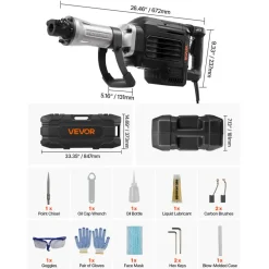 VEVOR Demolition Jack Hammer, 3000 W Powerful Electric Jackhammer, 1700 BPM Concrete Breaker with a Point Chisel, Carrying Case, Gloves, Goggles, for Concrete, Wall, Brick, Tile and Foundation