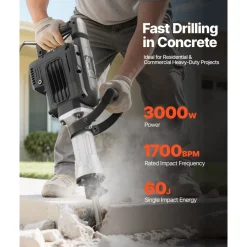 VEVOR Demolition Jack Hammer, 3000 W Powerful Electric Jackhammer, 1700 BPM Concrete Breaker with a Point Chisel, Carrying Case, Gloves, Goggles, for Concrete, Wall, Brick, Tile and Foundation