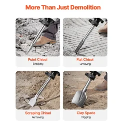 VEVOR Demolition Jack Hammer, 2800 W Powerful Electric Jackhammer, 1200 BPM Concrete Breaker with 3 Chisels, a Clay Spade, Carrying Case, Gloves, for Concrete, Wall, Brick, Tile and Foundation