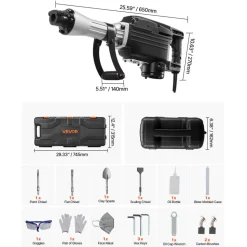 VEVOR Demolition Jack Hammer, 2800 W Powerful Electric Jackhammer, 1200 BPM Concrete Breaker with 3 Chisels, a Clay Spade, Carrying Case, Gloves, for Concrete, Wall, Brick, Tile and Foundation