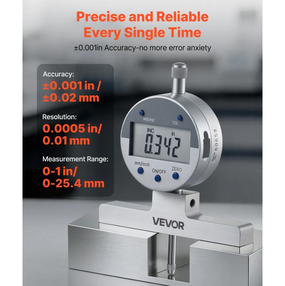 VEVOR Depth Gauge, Depth Micrometer Digital Electronic Indicator 0-22 inch Measuring Range, 0.0005" Resolution, Precision Unit Conversion with 4 Anvils, Measuring Tool for Groove, Step, Hole