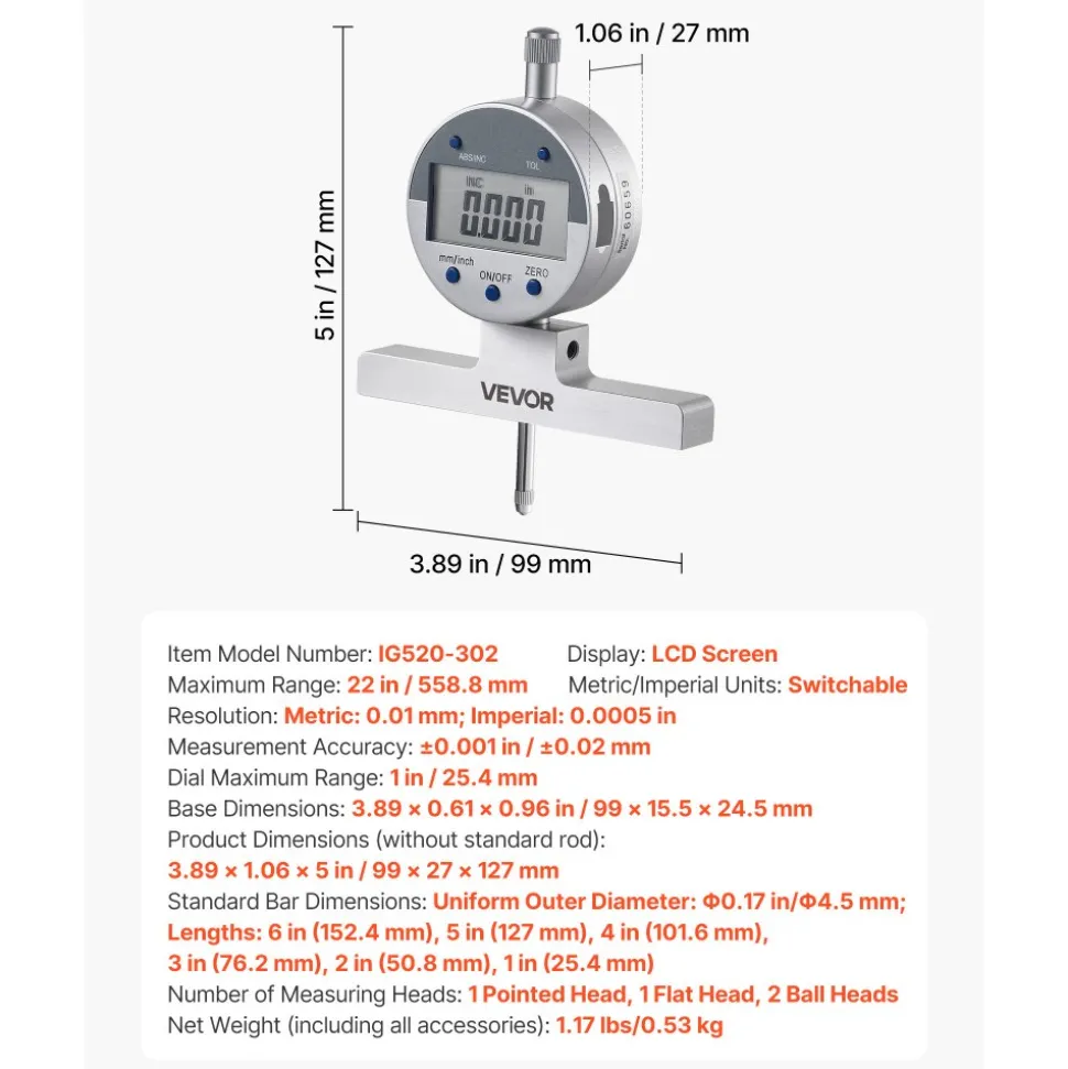VEVOR Depth Gauge, Depth Micrometer Digital Electronic Indicator 0-22 inch Measuring Range, 0.0005" Resolution, Precision Unit Conversion with 4 Anvils, Measuring Tool for Groove, Step, Hole