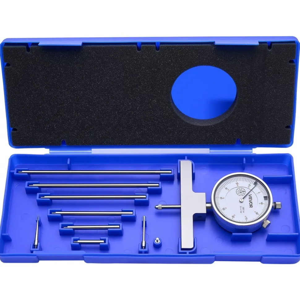 VEVOR Depth Gauge, Depth Micrometer 0-22 inch Measuring Range, 0.001" Resolution, with 4 Anvils & 6 Standard Rods, Precision Easy to Read Mechanical Tool for Measuring Groove, Step, Hole