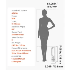 VEVOR Desk Fan Bladeless, 17 inch Office Table Fan Small Quite, 5 Speeds Adjustment, 0-9H Timer, 60-Degree Oscillation, Touch Control, Easy to Clean, Portable for Office, Living Room, Bedroom