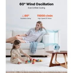 VEVOR Desk Fan Bladeless, 17 inch Office Table Fan Small Quite, 5 Speeds Adjustment, 0-9H Timer, 60-Degree Oscillation, Touch Control, Easy to Clean, Portable for Office, Living Room, Bedroom