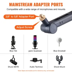 VEVOR Desk-Mounted Microphone Arm, Flexible 360° Rotation, Adjustable Stand with Universal 3/8" to 5/8" Adapter and Headphone Holder, Compatible with Blue Yeti, Hyperx Quadcast, and More