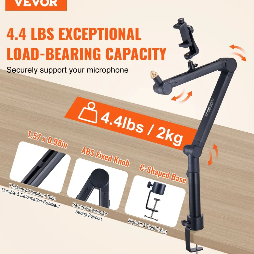VEVOR Desk-Mounted Microphone Arm, Flexible 360° Rotation, Adjustable Stand with Universal 3/8" to 5/8" Adapter and Headphone Holder, Compatible with Blue Yeti, Hyperx Quadcast, and More