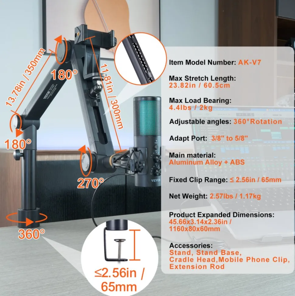 VEVOR Desk-Mounted Microphone Arm, Flexible 360° Rotation, Adjustable Stand with Universal 3/8" to 5/8" Adapter and Headphone Holder, Compatible with Blue Yeti, Hyperx Quadcast, and More