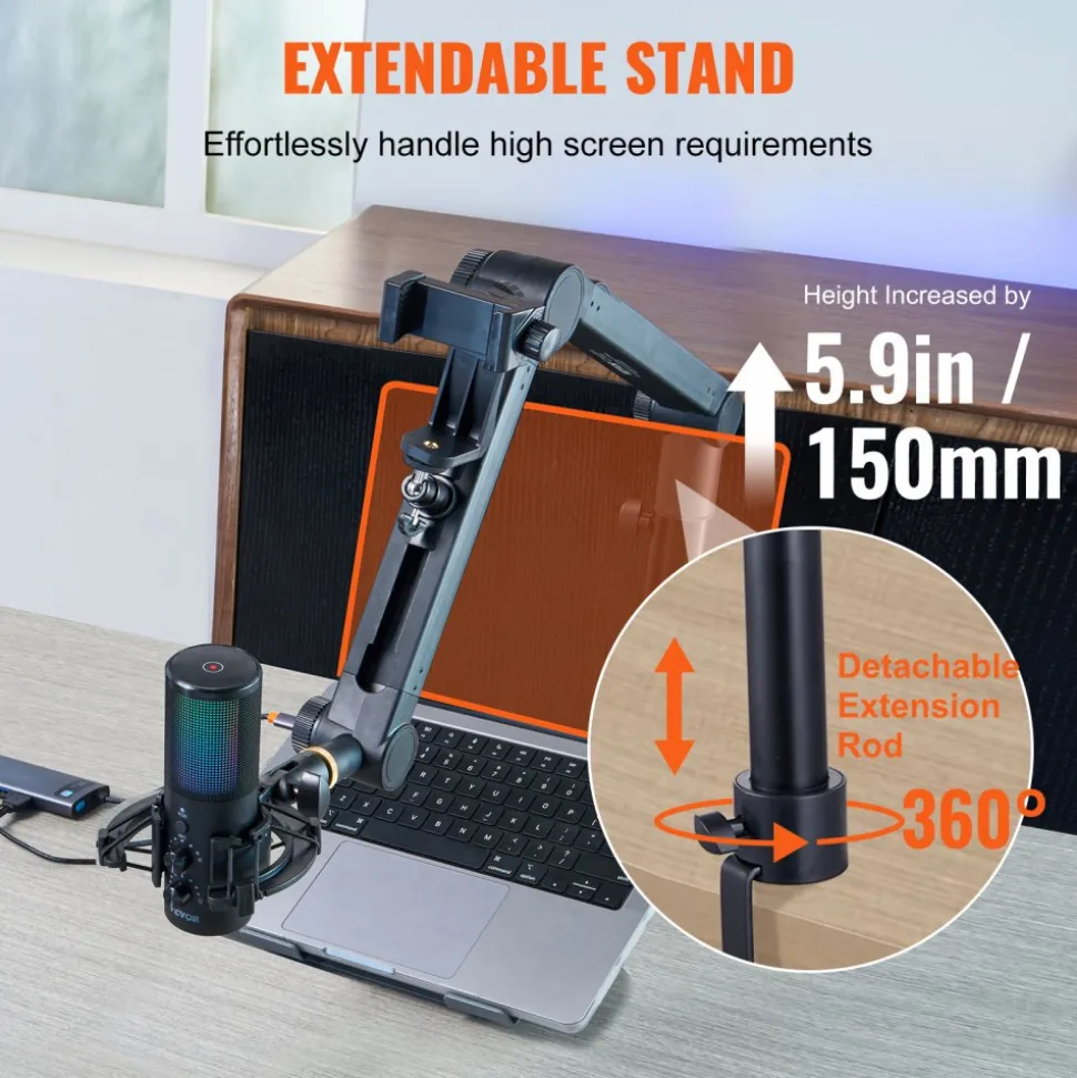 VEVOR Desk-Mounted Microphone Arm, Flexible 360° Rotation, Adjustable Stand with Universal 3/8" to 5/8" Adapter and Headphone Holder, Compatible with Blue Yeti, Hyperx Quadcast, and More