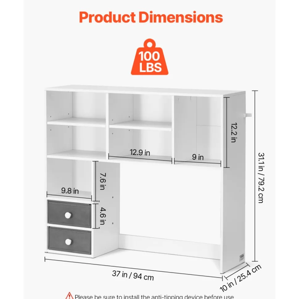 VEVOR Desktop Bookshelf, 3-Tier Desktop Storage Organizer, 37" x 10" x 31.1" Office Storage Rack Wood Display Shelf, Desktop Bookshelf Hutch with Two Fabric Drawers, for Office, Home & Dorm, White