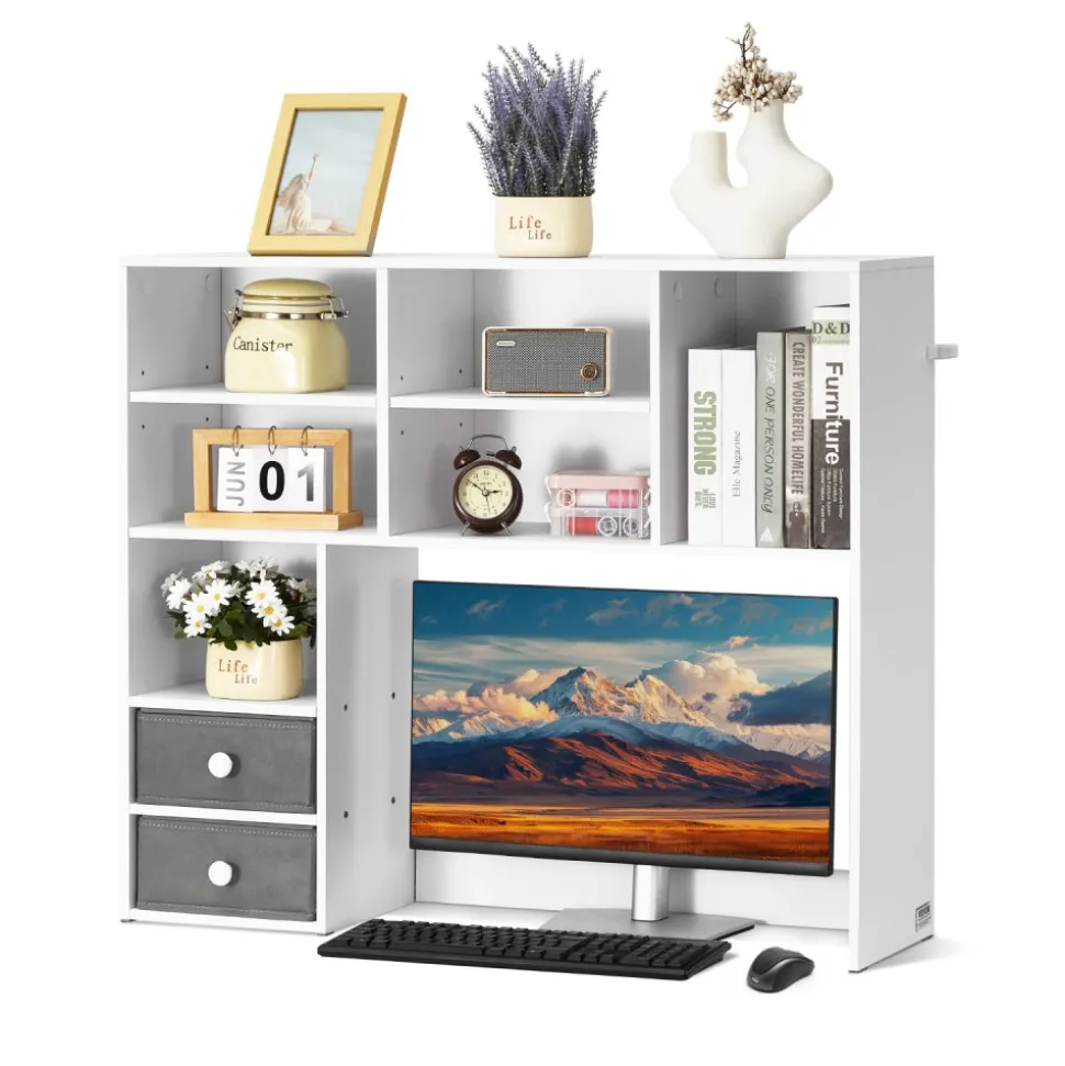 VEVOR Desktop Bookshelf, 3-Tier Desktop Storage Organizer, 37" x 10" x 31.1" Office Storage Rack Wood Display Shelf, Desktop Bookshelf Hutch with Two Fabric Drawers, for Office, Home & Dorm, White