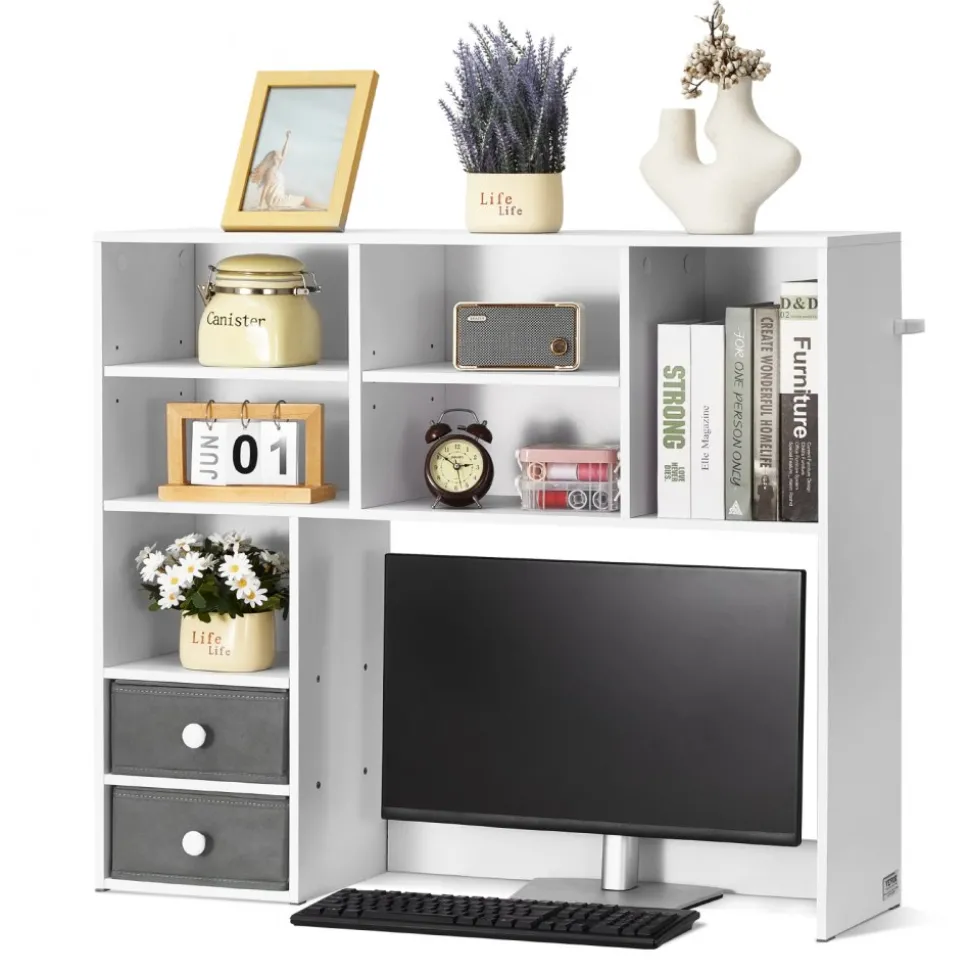 VEVOR Desktop Bookshelf, 3-Tier Desktop Storage Organizer, 37" x 10" x 31.1" Office Storage Rack Wood Display Shelf, Desktop Bookshelf Hutch with Two Fabric Drawers, for Office, Home & Dorm, White