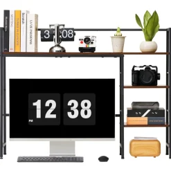 VEVOR Desktop Bookshelf 4-Tier Countertop Storage Hutch for Computer Desk, Metal Frame and Wooden Shelf, with Non-Slip Feet Pads, Multipurpose Desk Hutch Storage Organizer for Dorm, Home, and Office