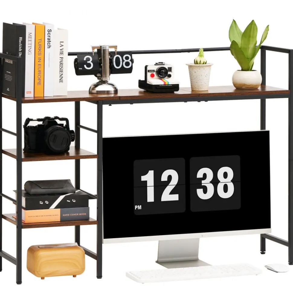 VEVOR Desktop Bookshelf 4-Tier Countertop Storage Hutch for Computer Desk, Metal Frame and Wooden Shelf, with Non-Slip Feet Pads, Multipurpose Desk Hutch Storage Organizer for Dorm, Home, and Office