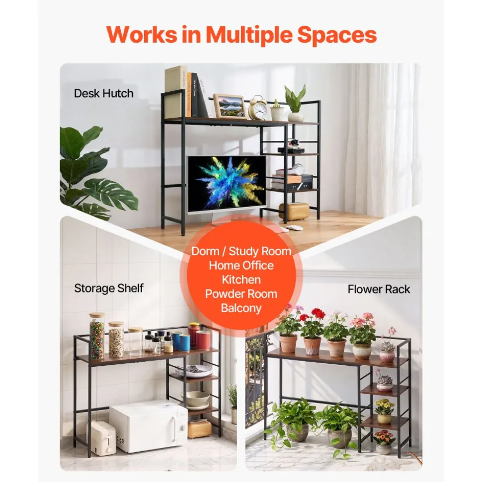 VEVOR Desktop Bookshelf 4-Tier Countertop Storage Hutch for Computer Desk, Metal Frame and Wooden Shelf, with Non-Slip Feet Pads, Multipurpose Desk Hutch Storage Organizer for Dorm, Home, and Office