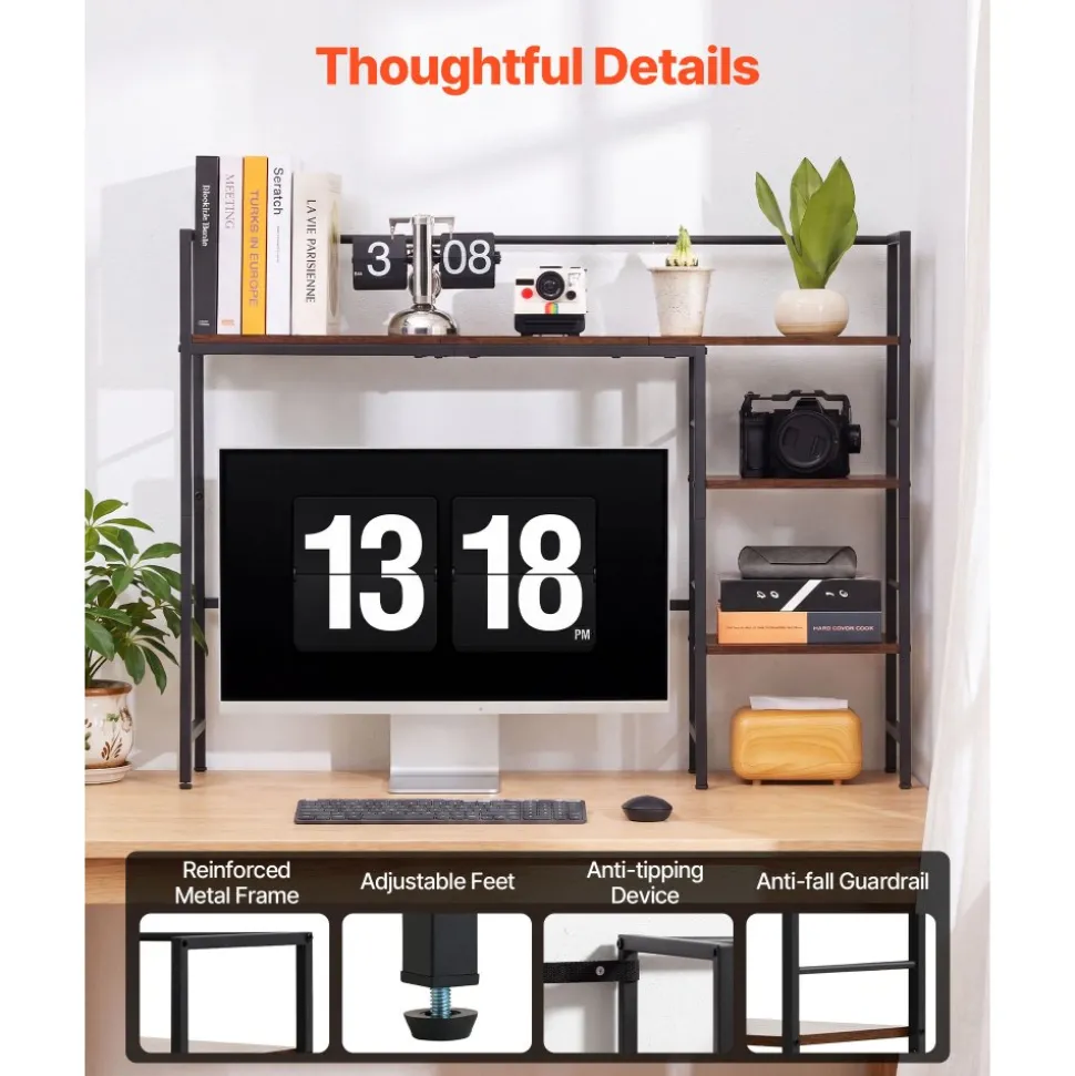 VEVOR Desktop Bookshelf 4-Tier Countertop Storage Hutch for Computer Desk, Metal Frame and Wooden Shelf, with Non-Slip Feet Pads, Multipurpose Desk Hutch Storage Organizer for Dorm, Home, and Office