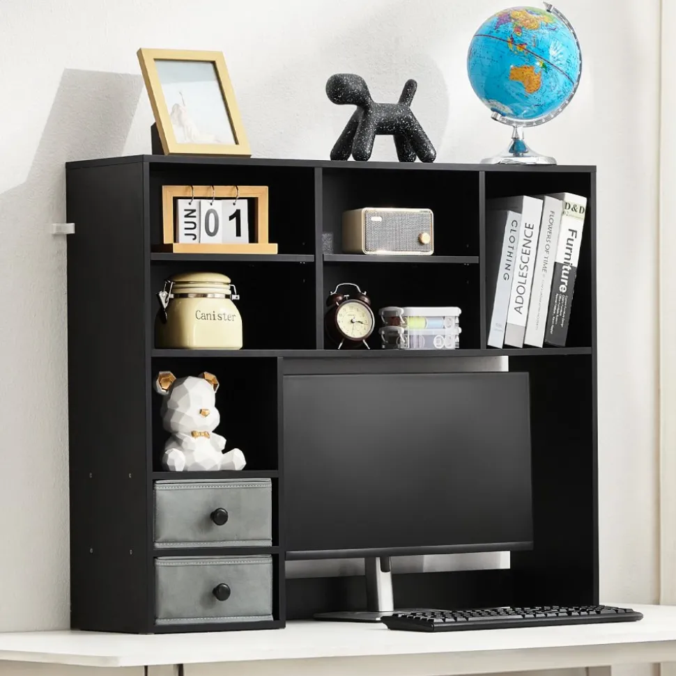 VEVOR Desktop Bookshelf, 3-Tier Desktop Storage Organizer, 37" x 10" x 31.1" Office Storage Rack Wood Display Shelf, Desktop Bookshelf Hutch with Two Fabric Drawers, for Office, Home & Dorm, Black