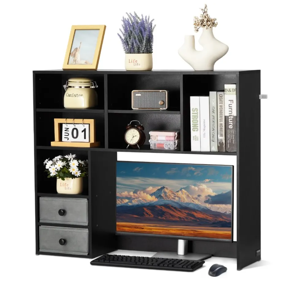 VEVOR Desktop Bookshelf, 3-Tier Desktop Storage Organizer, 37" x 10" x 31.1" Office Storage Rack Wood Display Shelf, Desktop Bookshelf Hutch with Two Fabric Drawers, for Office, Home & Dorm, Black