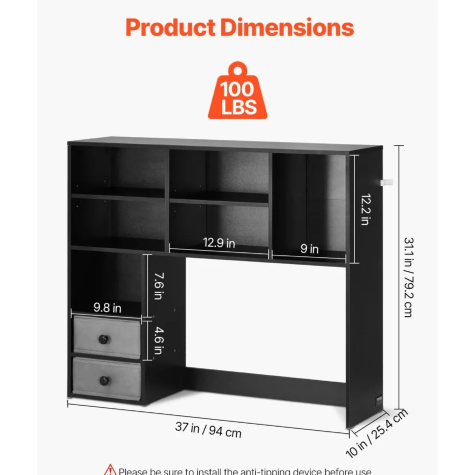 VEVOR Desktop Bookshelf, 3-Tier Desktop Storage Organizer, 37" x 10" x 31.1" Office Storage Rack Wood Display Shelf, Desktop Bookshelf Hutch with Two Fabric Drawers, for Office, Home & Dorm, Black