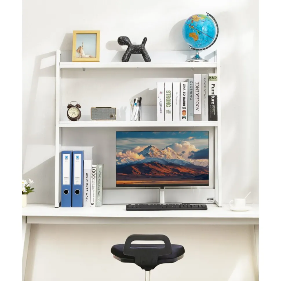 VEVOR Desktop Bookshelf 3-Tier Countertop Storage Hutch with Grid White, for Computer Desk, Metal Frame and Wooden Shelf, with Non-Slip Feet Pads, Desk Hutch Storage Organizer for Dorm, Home, Office